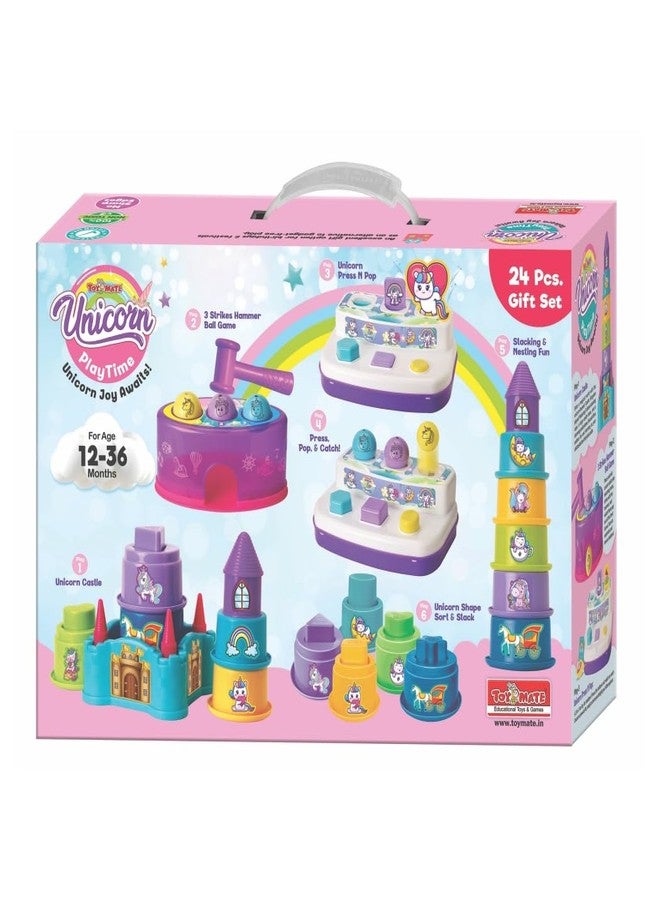 توي ميت مجموعة هدايا توي ميت يونيكورن بلاي تايم المكونة من 24 قطعة - ألعاب تعليمية للأطفال الصغار من عمر 12 إلى 36 شهرًا، برج تكديس، لعبة فرز الأشكال ولعبة مطرقة باوند-أ-بول، مجموعة ألعاب تعليمية للأطفال بتصميم يونيكورن - Image 2